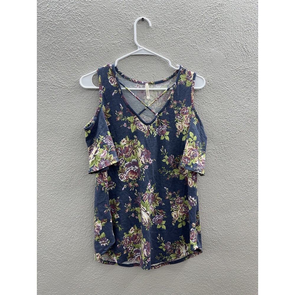 Lime n Chili Womens Shirt Size Small Blue Floral Col Shoulder Strappy Chest